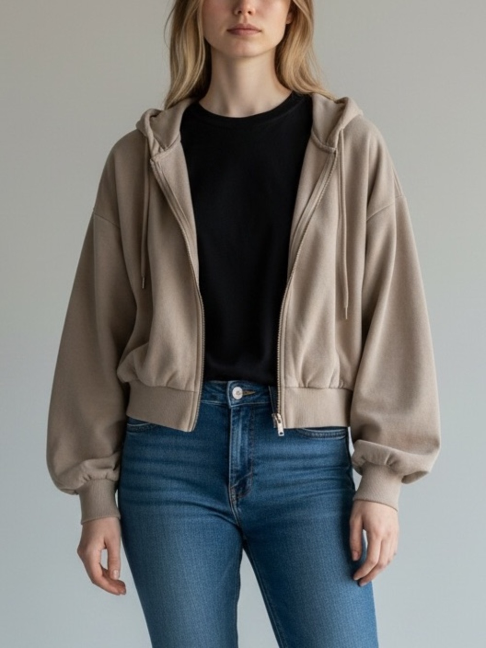 Divided Beige Cropped Zip Hoodie
